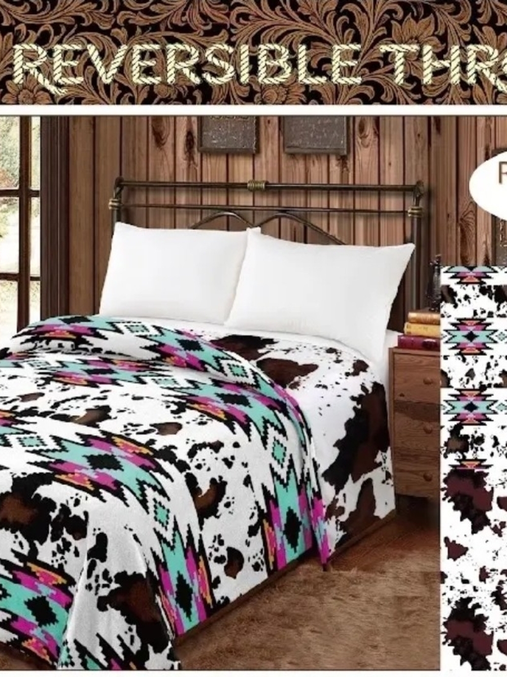 MIA Reversible Aztec Cowhide Throw Blanket - White, Turquoise & Pink
